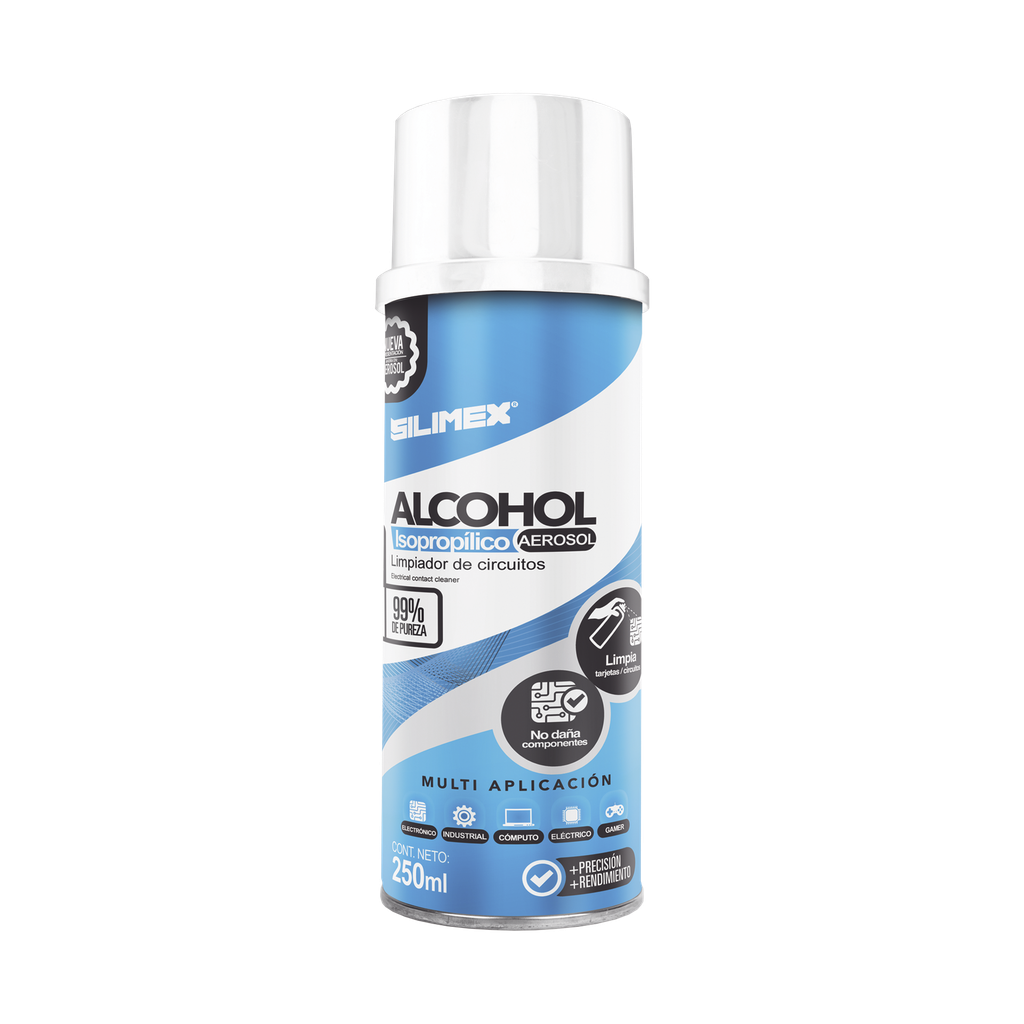 Alcohol Isopropilico en Aerosol para limpieza de equipos de vídeo, fibra óptica, cómputo, y equipo telefónico 250 ml - SILIMEX ALCOHOLS