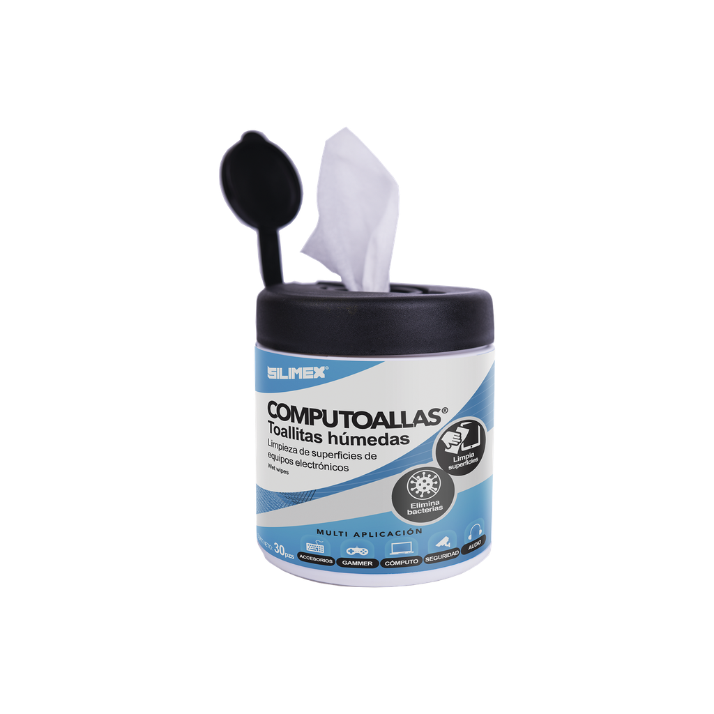 [COMPUTOALLAS] Toallas húmedas antibacteriales, para limpieza de gabinetes, equipos de cómputo, audio, vídeo y telefonía, 30 piezas - SILIMEX COMPUTOALLAS