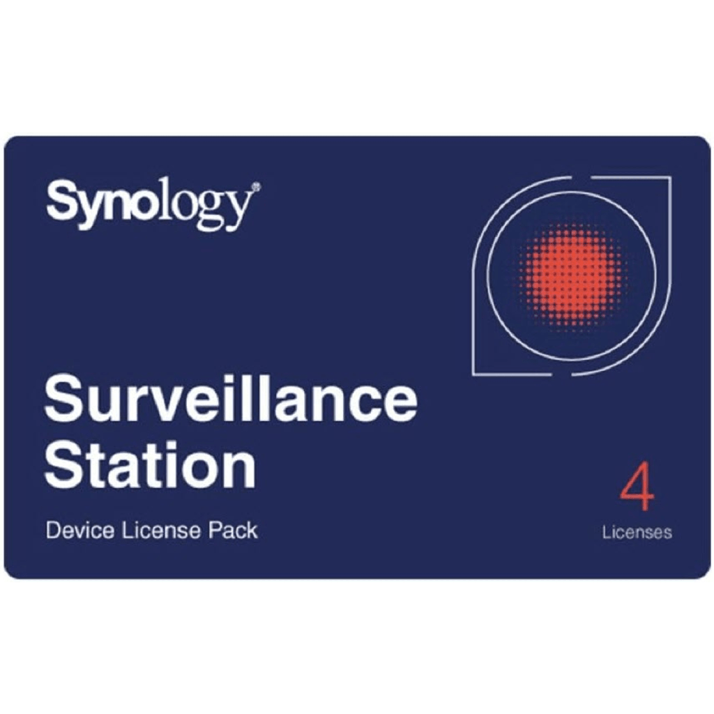 Licencias de Dispositivos de Vigilancia Synology | Paquete de 4 Licencias | Compatibilidad con Camaras IP, Modulos de E/S, Altavoces IP | Gestion Centralizada CMS | Licencias Predeterminadas Incluidas.