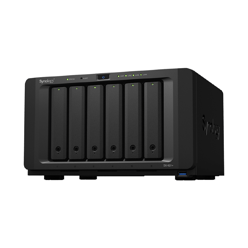 NAS Synology DiskStation DS1621+ | 6 Bahias | Procesador AMD Ryzen V1500B | 4 GB DDR4 ECC | Expansion Hasta 16 Bahias | 2 Ranuras M.2 NVMe | Puerto 10GbE RJ-45 | Compatibilidad RAID | Btrfs | Virtualizacion | Cache SSD.
