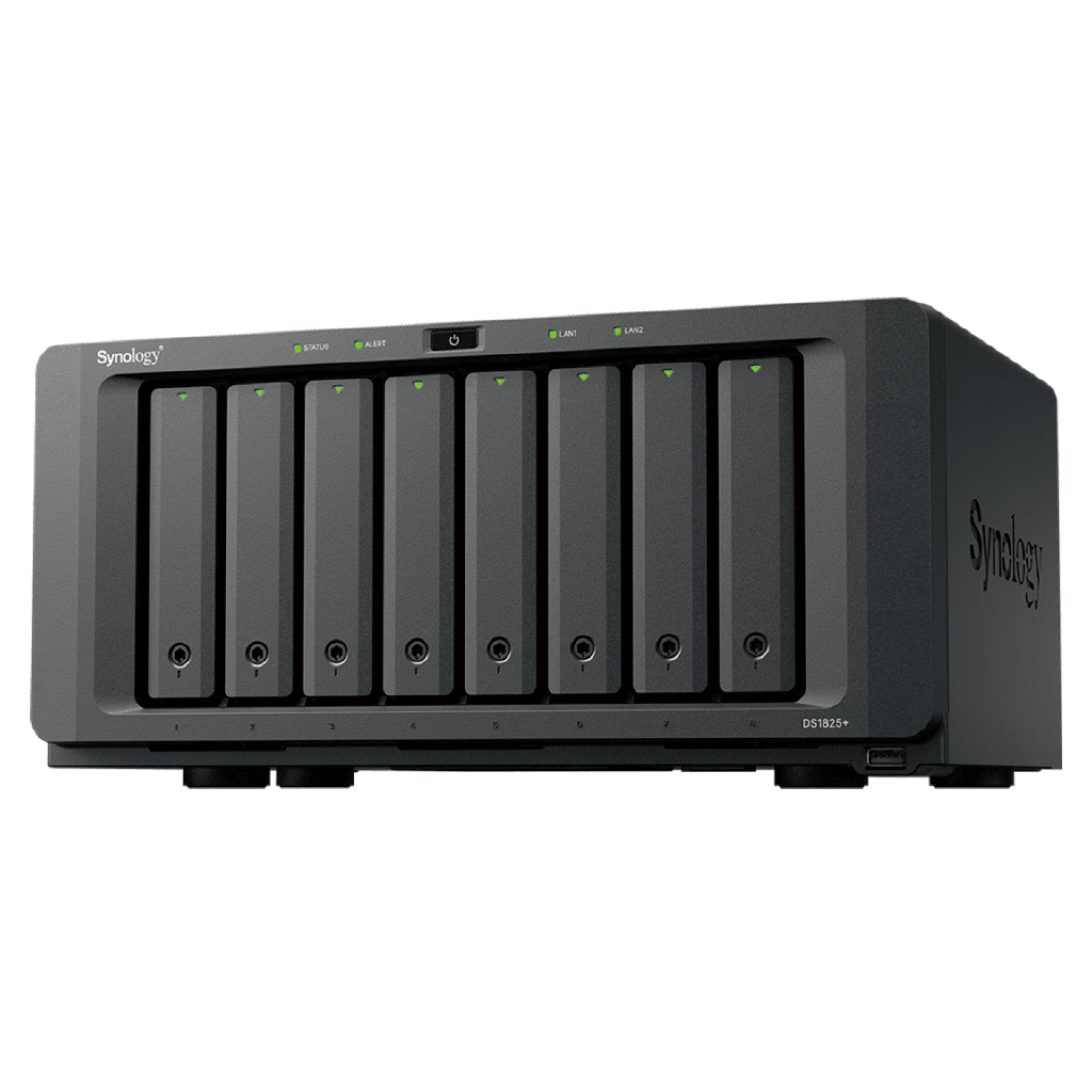 NAS DiskStation DS1825+ | 8 Bahías | AMD Ryzen V1500B | 8 GB DDR4 ECC | Hasta 2,239 MB/s Lectura | 2 Puertos 2.5GbE | Expansión PCIe 3.0 | Compatible con 10GbE y 25GbE | Caché SSD M.2 | Synology DSM. - SYNOLOGY DS1825+