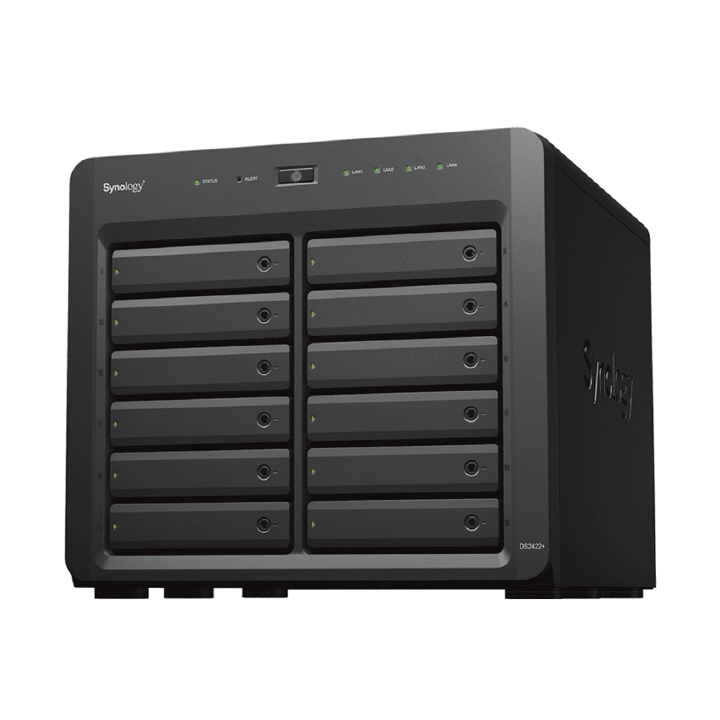 NAS Synology DiskStation DS2422+ | 12 Bahias | Expandible a 24 Bahias | Procesador AMD Ryzen Quad-Core | Hasta 32 GB DDR4 ECC | Cache NVMe SSD | Redes 10/25GbE | Compatible con Virtualizacion y Vigilancia.