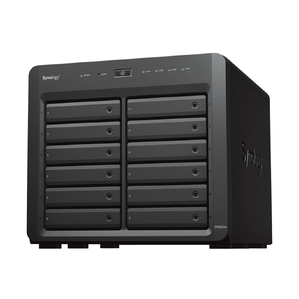 Servidor NAS Synology DiskStation DS3622xs+ | 12 Bahias | Intel Xeon 6 Nucleos | 16 GB DDR4 ECC | 10GbE RJ-45 | Expansion Hasta 36 Bahias | RAID F1, 0, 1, 5, 6, 10 | Cache NVMe SSD .