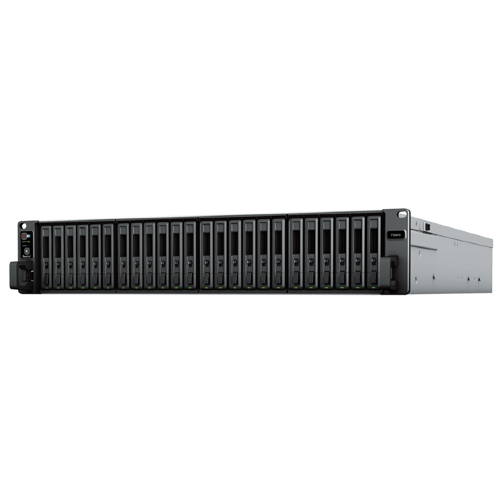 Servidor de Almacenamiento FlashStation FS3410 | 24 Bahias SSD SATA 2.5" | Intel Xeon D-1541 8 Nucleos | 16 GB RAM (Ampliable a 128 GB) | 356,500 IOPS Lectura | 129,400 IOPS Escritura | 4 Puertos 1GbE + 2 Puertos 10GbE
