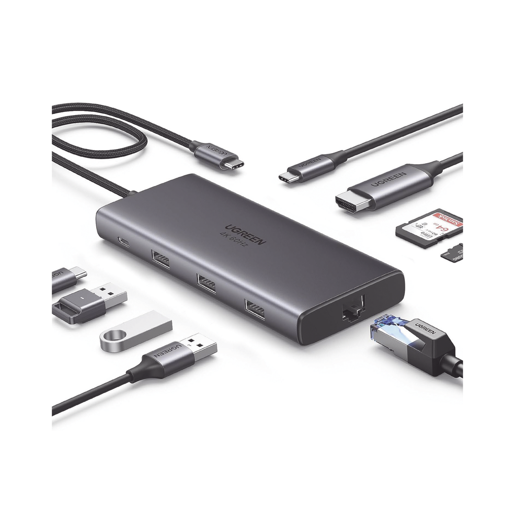 HUB USB-C (Docking Revodok Pro 109) 9 en 1 | 1 USB-C 3.2 (10 Gbps) | 1 USB-A 3.2 (10 Gbps) | 2 USB-A 3.0 (5 Gbps) | 1 USB-C PD Carga 100W | HDMI 4K@60Hz | RJ45 (Gigabit) | Lector Tarjeta SD + Micro SD (TF) | Carcasa de Aluminio.