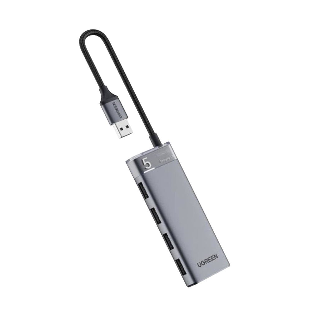 [15548] HUB USB-A 3.2 Gen1 4 EN 1 | 4 Puertos USB-A (5Gbps) | Carcasa ABS + PC | Soporta OTG | Luz Indicadora LED | Cable de Nylon Trenzado de 20cm (Mas de 20000 flexiones) | Interfaz Niquelada | Color Gris Metalizado. - UGREEN 15548