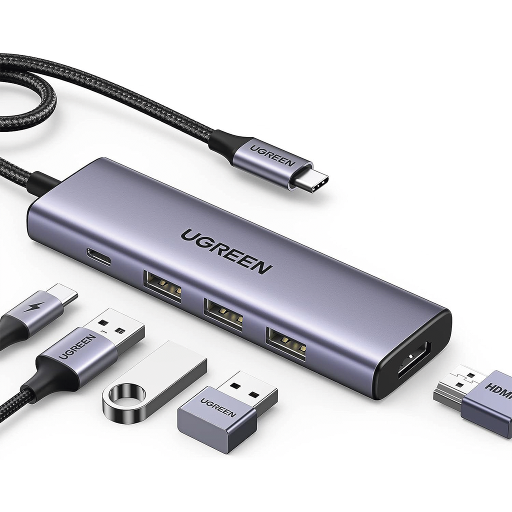 [15596] HUB USB-C (Docking Station) 5 en 1 | HDMI 2.0 4K@30Hz | 3 USB-A 3.0 (5Gbps) | USB-C PD Carga 100W | Potente Disipación de Calor | Chip de Ultima Generación | Cable de Nylon Trenzado de 25 cm | Carcasa de Aluminio. - UGREEN 15596