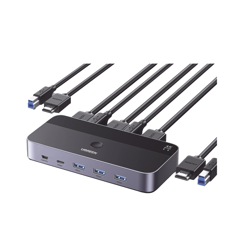 Conmutador KVM HDMI 4K | HDMI 2.0 | 2 Entradas 1 Salida | 4 Puertos USB 3.0 (3 USB-A *1 USB-C) | Soporta 4K@60Hz | HDR | Indicador Led | Compatible Win, MacOs y Linux | Carcasa de Aluminio. - UGREEN 15707