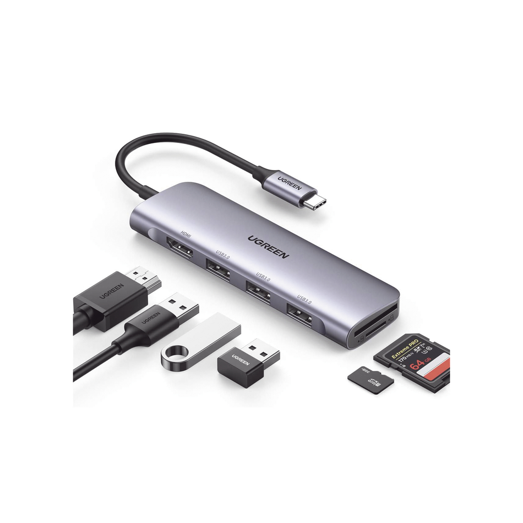 [20956A] HUB USB-C (Docking Station) 6 en 1 | HDMI 4K@30Hz | 3 Puertos USB 3.0 | Lector Tarjeta SD + Micro SD (TF) Uso Simultáneo | Chip de Íšltima Generación | Potente Disipación de Calor | Caja de Aluminio. - UGREEN 20956A