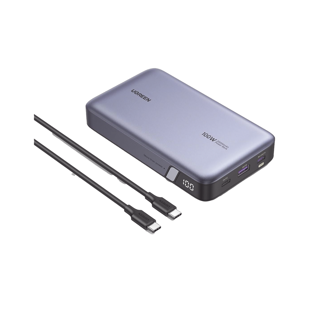 Power Bank de 20000mAh | 3 Salidas 100W Max. | USB-A + 2 USB-C | PD 3.0 | QC3.0 | FCP | SCP | Pantalla Inteligente | Carcasa Ignifuga | Color Gris | Incluye Cable USB de 50cm | Carga tu Laptop de Manera Segura. - UGREEN 25188