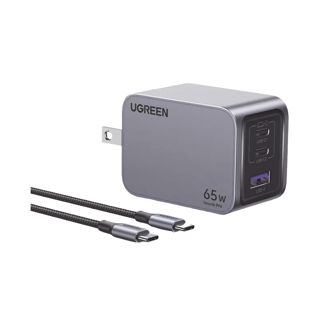 Cargador de 65W serie Nexode Pro | 3 Puertos de Carga Rápida | 2 USB-C | 1 USB-A | Tecnología GaNInfinity | PD3.1 de 65W / QC4.0 | Tecnología de Protección Térmica | Optimiza la Carga | Caja de Aluminio | Incluye Cable U - UGREEN 25870