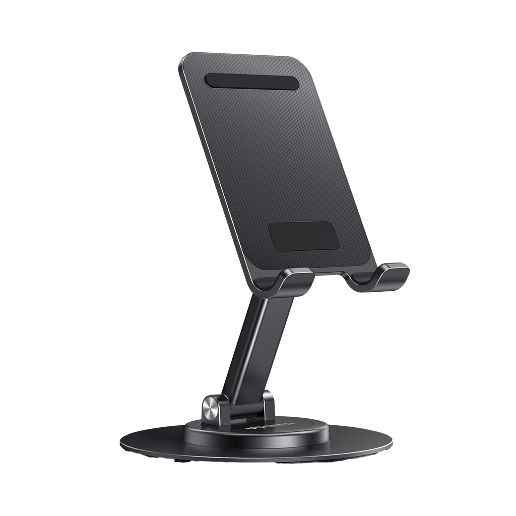 Soporte para Telefono Celular Giratorio | 360∞ de Rotacion | Angulo Ajustable | Altura Ajustable 17-20cm  | Antideslizante | Ejes Giratorios de Alta Precision| Plegable | Aluminio | Color Gris