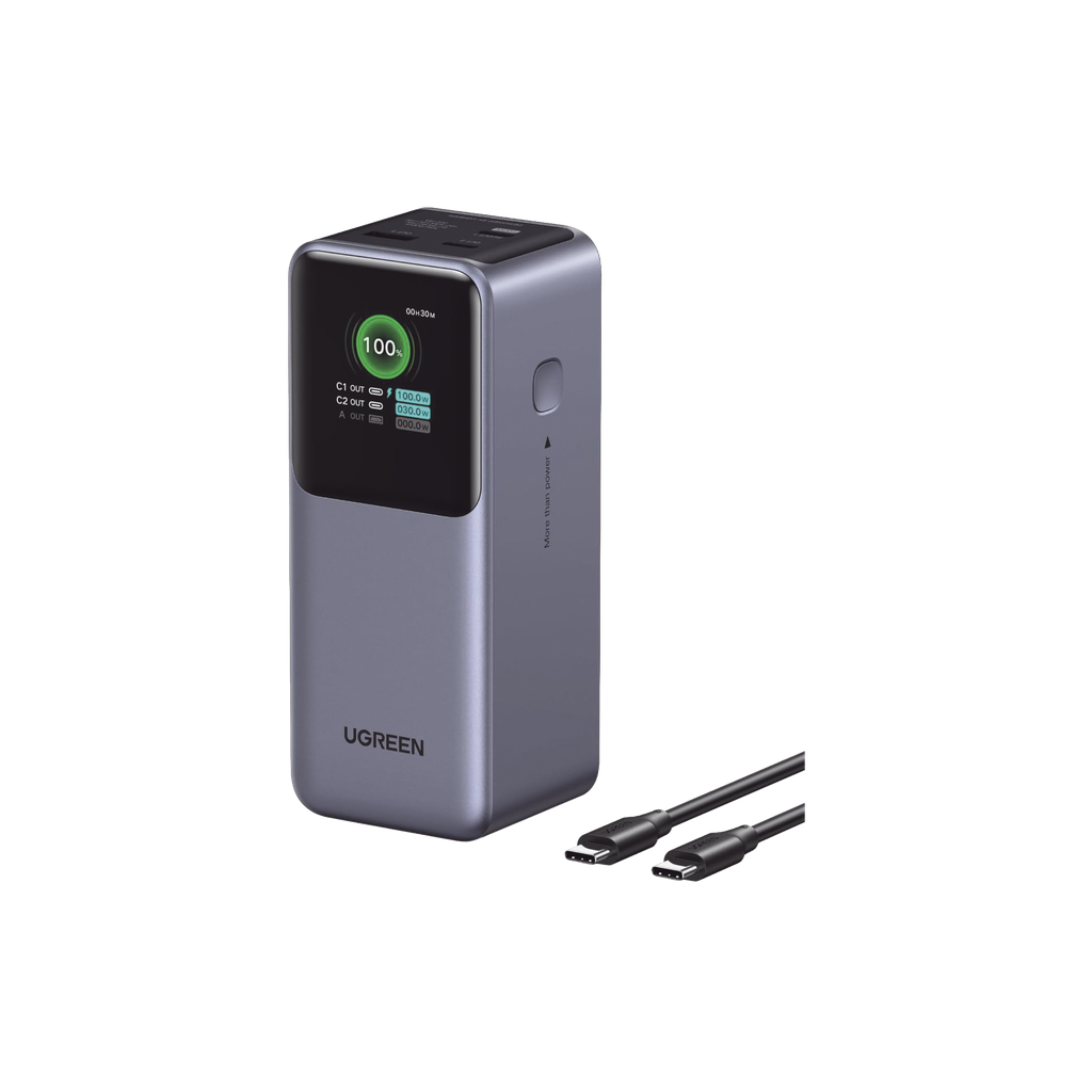 Power Bank de 20000mAh | 3 Salidas 130W Max. | USB-A + 2 USB-C | PD 3.0 | QC3.0 | FCP | SCP | Pantalla Inteligente | Carcasa Ignifuga | Color Gris | Incluye Cable USB de 50cm | Carga tu Laptop de Manera Segura.