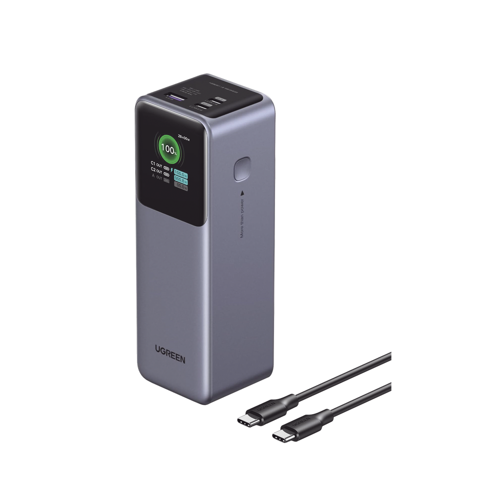 Power Bank de 25000mAh | 3 Salidas 200W Max. | USB-A + 2 USB-C | PD 3.0, QC3.0 | FCP | SCP | Pantalla Inteligente | Carcasa Ignifuga | Color Gris | Incluye Cable USB de 50cm | Carga tu Laptop de Manera Segura.