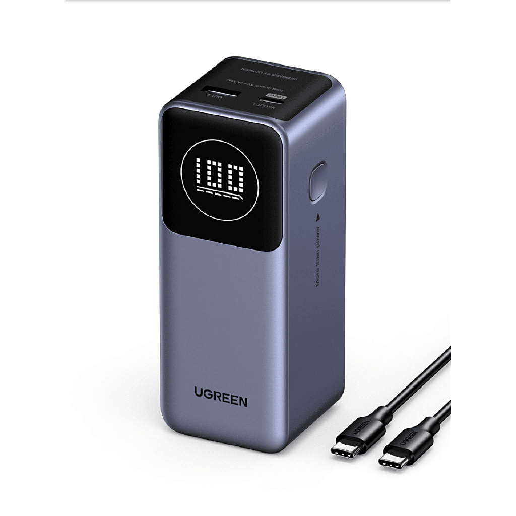 Power Bank de 12000mAh | 2 Salidas 100W Max. | USB-A + 1 USB-C | PD 3.0 | QC3.0 | FCP | SCP | Pantalla Inteligente | Carcasa Ignifuga | Color Gris | Incluye Cable USB de 50cm | Carga tu Laptop de Manera Segura.