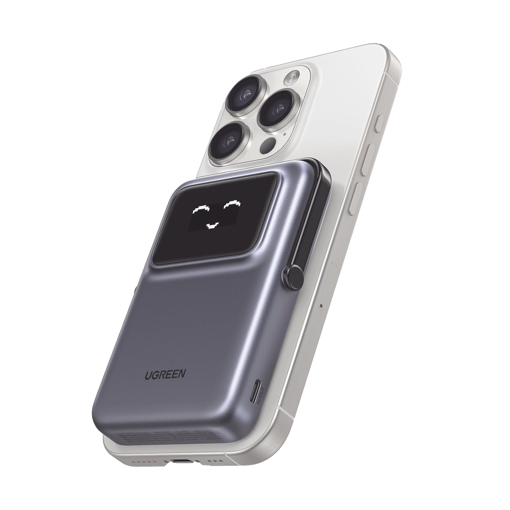 Power Bank Serie UNO Inalambrico | 10000mAh | 7.5W/20W  |  Con Emojis de Estado | Carga Rapida USB-C Bidireccional  | Pantalla TFT  Inteligente | Con Holder | Color Grey.