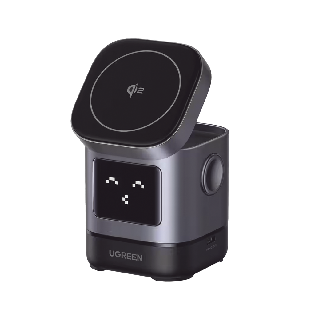 Cargador Inalambrico Robot 2 en 1 UGREEN Qi2 / 15W Ultra Rapido para iPhone / 5W para AirPods / Pantalla Inteligente con Expresiones / Imanes N48H / Puerto USB-C 5W para Apple Watch / Compatibilidad MPP