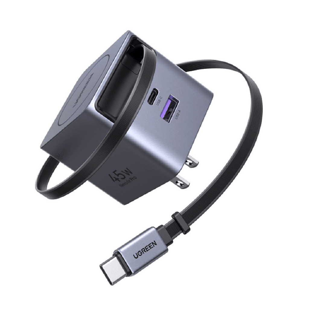 Cargador Rapido UGREEN 45W GaN / Cable Retractil 0.7m / 3 Puertos USB-C + USB-A / Tecnologia GaNInfinity 95% Eficiencia / 8 Capas Proteccion / Carga Simultanea 3 Dispositivos / Compacto para Viajes