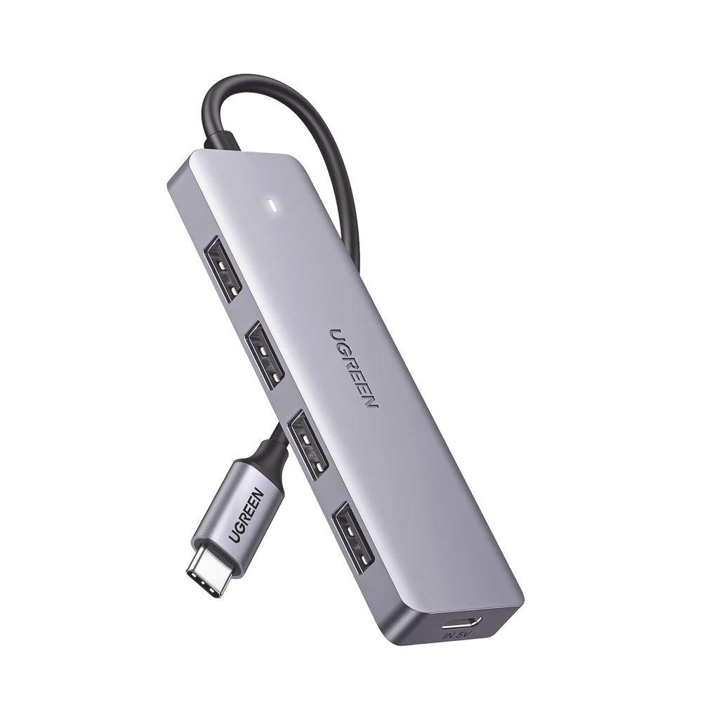 [70336] HUB USB-C 3.0 4 EN 1 | 4 Puertos USB-A (5Gbps) | Carcasa ABS + PC | Soporta OTG | Luz Indicadora LED | Compatible con iPhone 15 Pro MAX) | Interfaz Niquelada | Color Gris Metalizado | Cable de 15cm. - UGREEN 70336