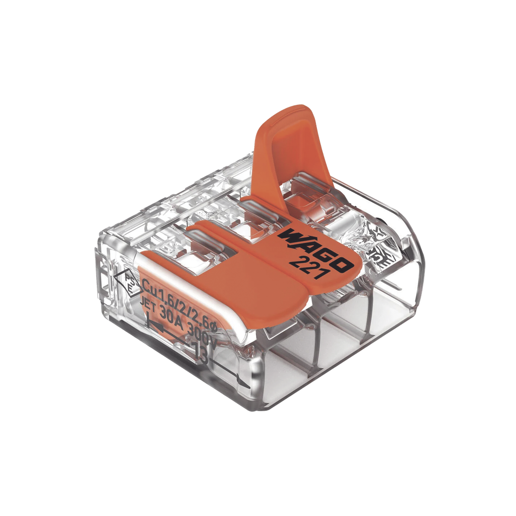 Borna de Conexion con Palancas / 3 Conductores / CAGE CLAMP / 6 mm¬≤ (10 AWG) Maximo / 32A 450V / Transparente / Palancas Naranja / TB85
