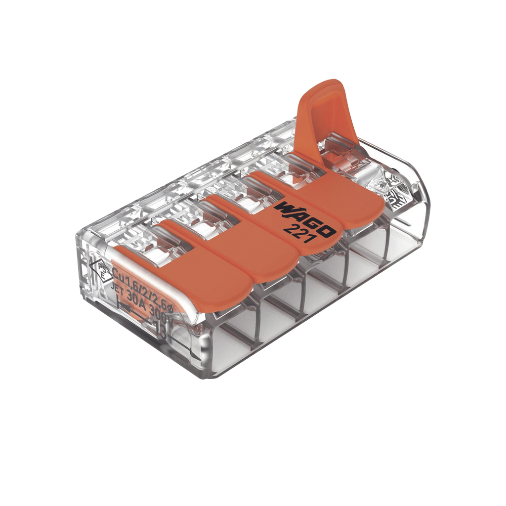 [221-615] Conector Eléctrico / Borna de Conexión con Palancas / 5 Puntos / 6 mmÂ² Máximo / 30A 450V / Transparente / CAGE CLAMPÂ® / UL-ENEC-CB - WAGO 221-615