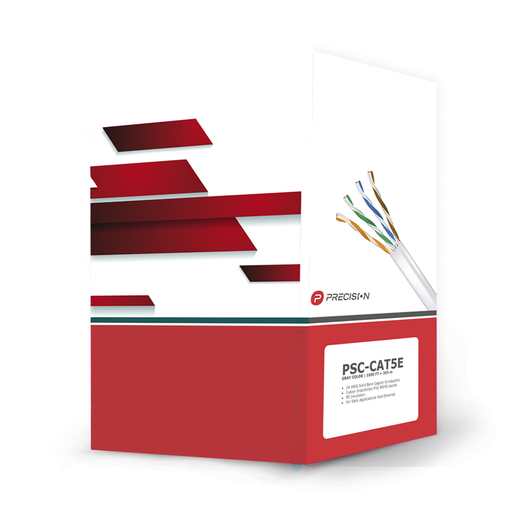 Bobina de Cable de UTP de 4 Pares Cat5e de 305 Metros (1000 Pies), 100% Cobre, PVC ROHS, Color Gris, 24 AWG, Uso en Interior, Para Aplicaciones de Voz, Datos y Video - PRECISION PSC-CAT5E