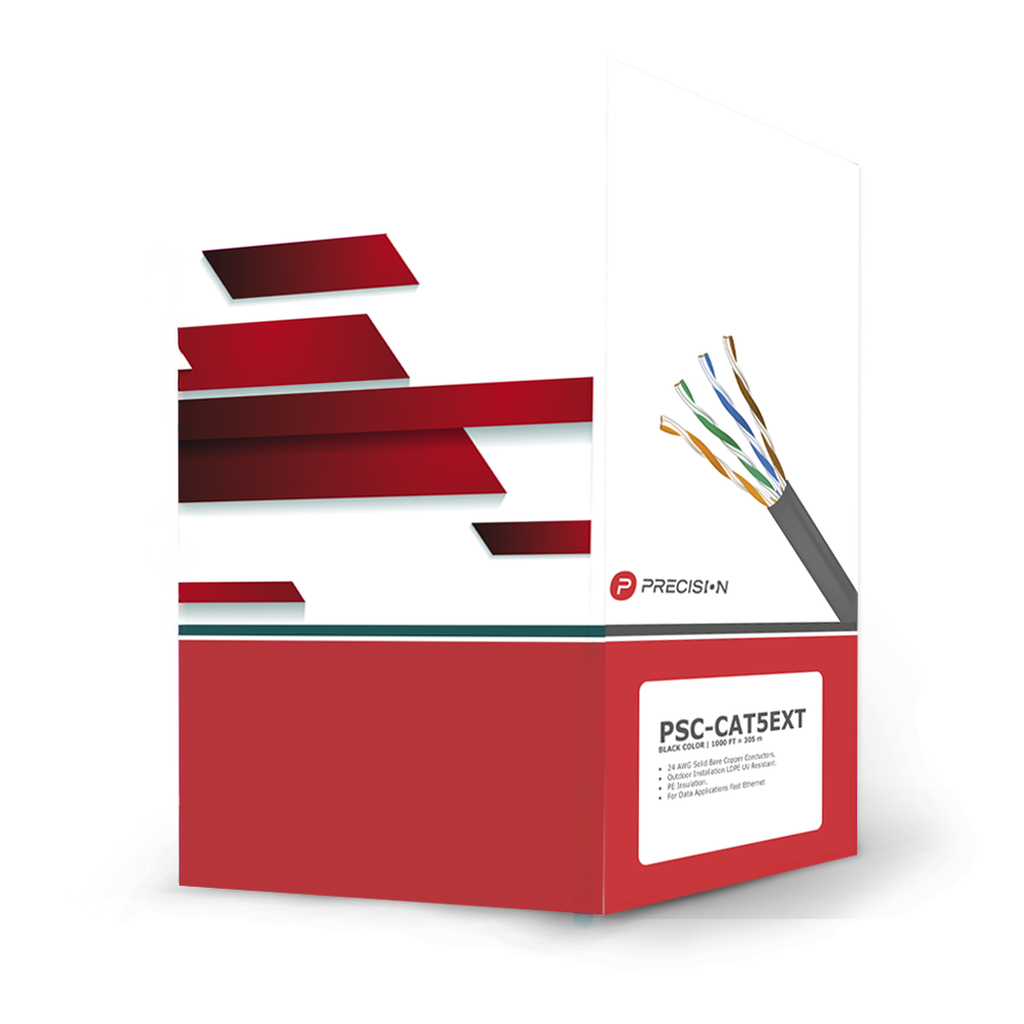 Bobina de Cable de UTP de 4 Pares Cat5e de 305 Metros (1000 Pies), 100% Cobre, LDPE Resistente a Rayos UV, Color Negro, 24 AWG, Uso en Exterior, Para Aplicaciones de Voz, Datos y Video - PRECISION PSC-CAT5EXT