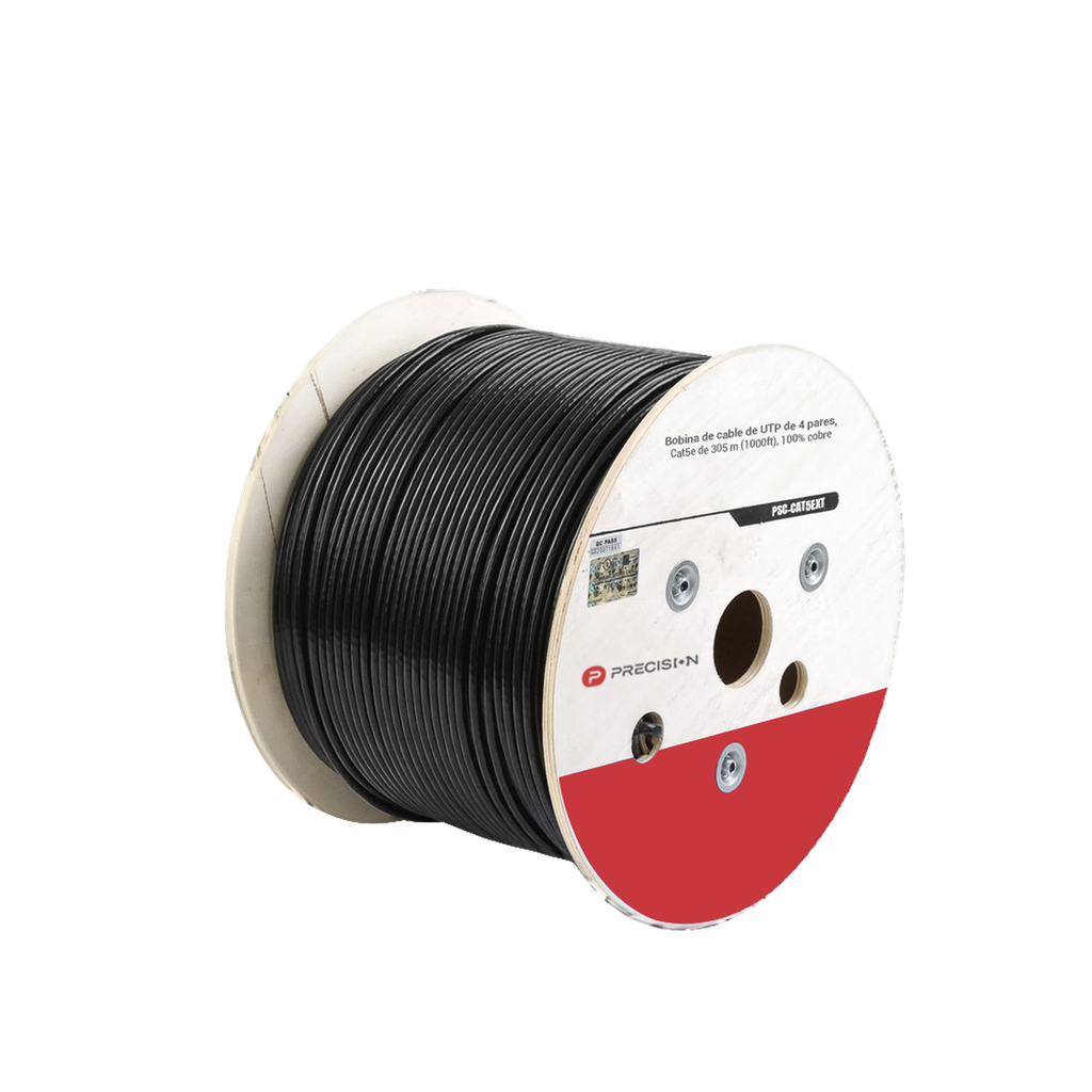 Bobina de Cable de UTP de 4 Pares Cat5e de 305 Metros (1000 Pies), 100% Cobre, LDPE Resistente a Rayos UV Relleno de Gel, Color Negro, 24 AWG, Uso en Exterior, Para Aplicaciones de Voz, Datos y Video - PRECISION PSC-CAT5EXT-GEL