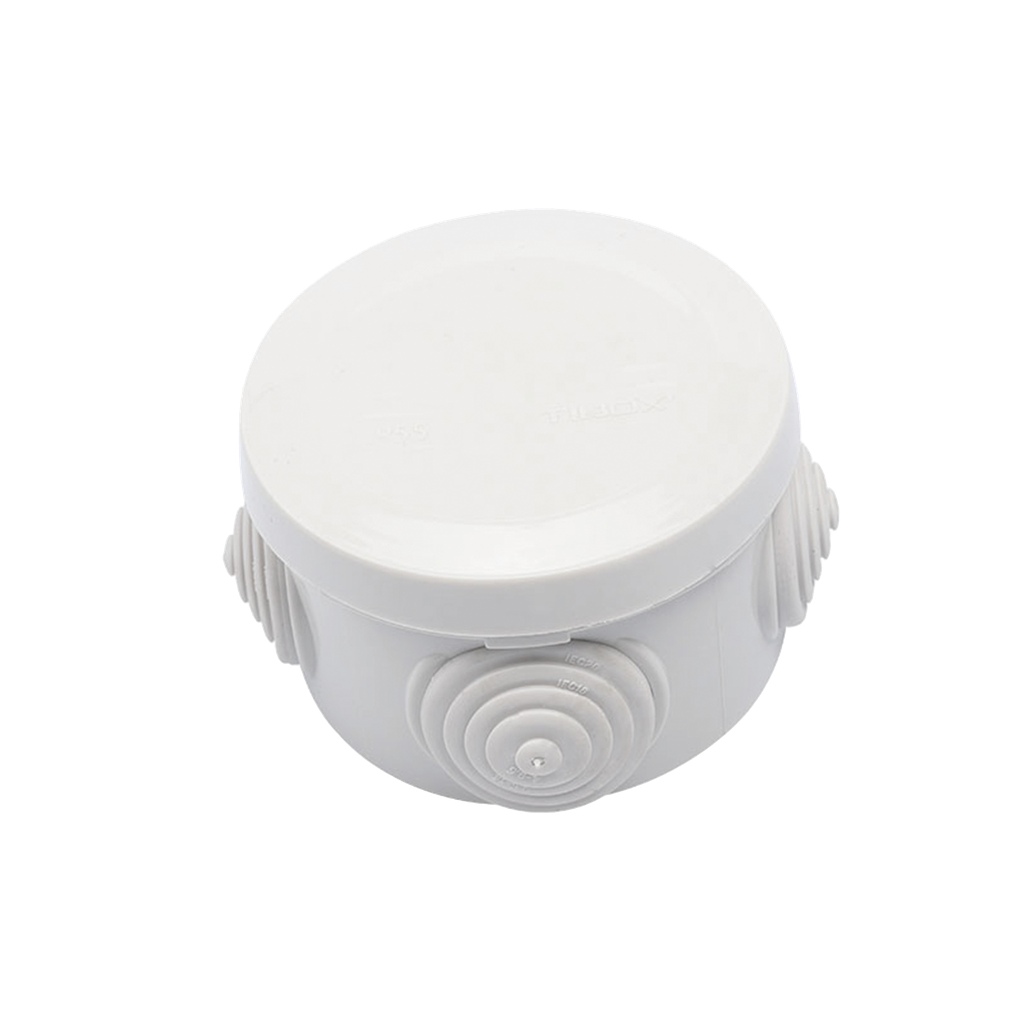 Caja Derivacion-Conexion de Plastico Circular con 4 Glandulas de Goma (70 diametro X 48 alto mm). Para Instalaciones Comerciales,  Residenciales e Industriales. Cerrado a Presion.