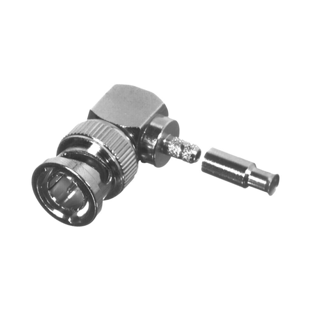 Conector BNC Macho en Angulo Recto para 75 Ohm, Anillo Plegable para Cable RG-179/U, Grupo S, Niquel/ Oro/ Delrin.