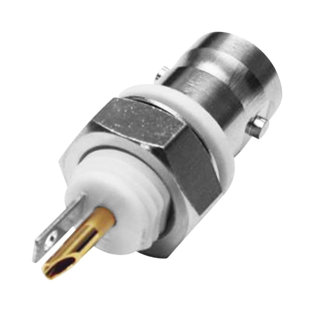 Conector BNC Hembra Aislado para Montaje en Panel Frontal en D-Plano, Soldable para Grupo I, Niquel/ Oro/ Teflon.
