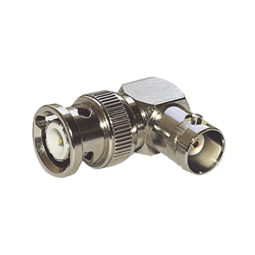 Adaptador en Angulo Recto para 75 Ohm, de Conector BNC Macho a BNC Hembra (Monitor), Niquel/ Oro/ Teflon.