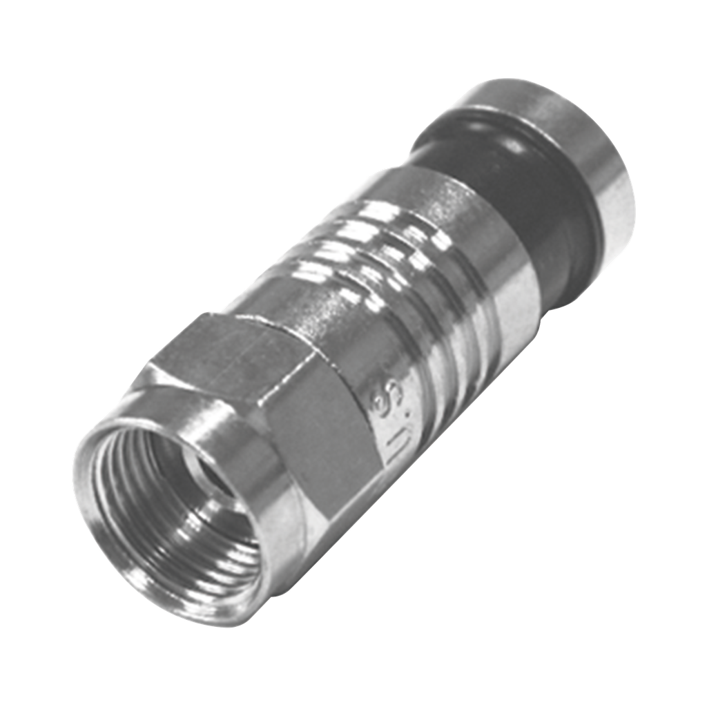 Conector F Macho Plegado Axial por Compresion para RG-59/U, Cuerpo en Niquel y Banda Negra.