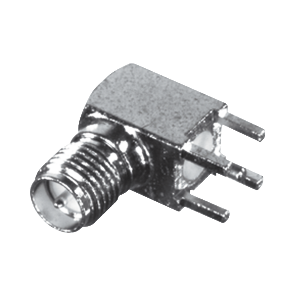 Conector SMA Hembra Inverso en Angulo Recto con PIN Terminal y 4 Patas para Montaje PCB Coaxial, Oro/ Oro/ Teflon.