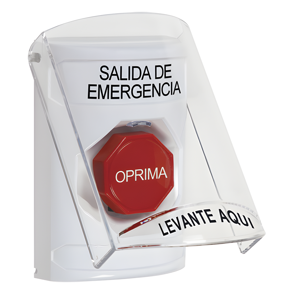 Botón de Emergencia, Texto en Español, Tapa Protectora de Policarbonato Súper Resi - STI SS2322EXES