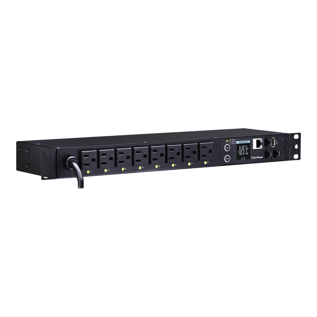 PDU Switchable por Toma, Para Distribucion de Energia, Entrada 120 Vca NEMA 5-15P, Con 8 Salidas NEMA 5-15R, Horizontal 19in, 1UR