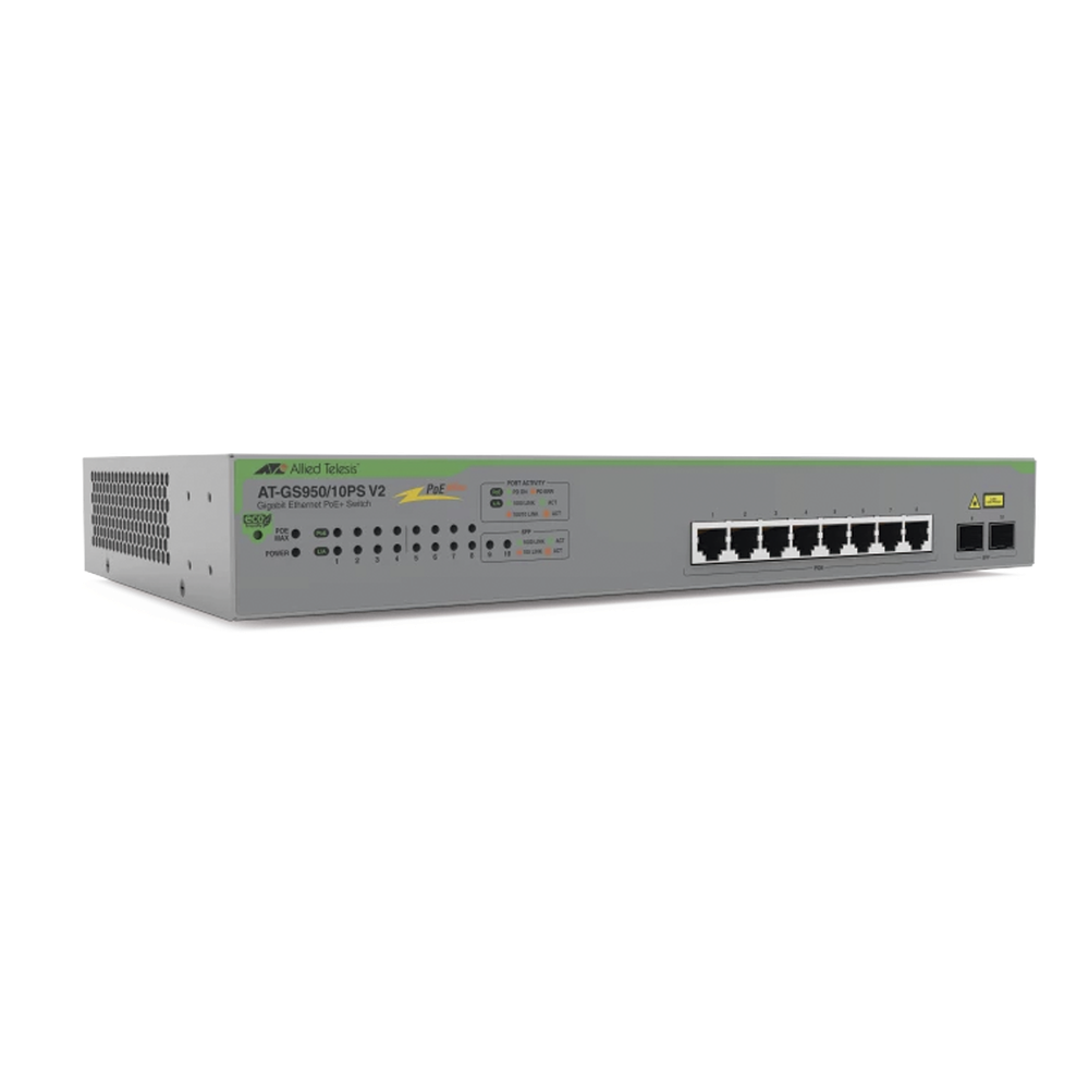 [AT-GS950-10PS-V2-10] Switch PoE+ Gigabit WebSmart de 10 puertos 10/100/1000 Mbps (2 x Combo) + 2 puertos gigabit SFP (Combo), 75 W - ALLIED TELESIS AT-GS950-10PS-V2-10