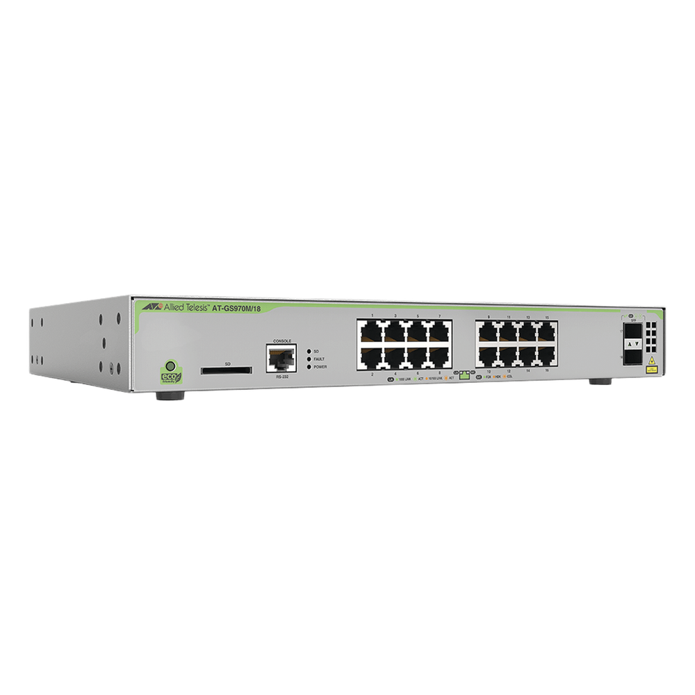 Switch PoE+ Administrable CentreCOM GS970M, Capa 3 de 16 Puertos 10/100/1000 Mbps + 2 SFP Gigabit, 247 W - ALLIED TELESIS AT-GS970M-18PS-R-10