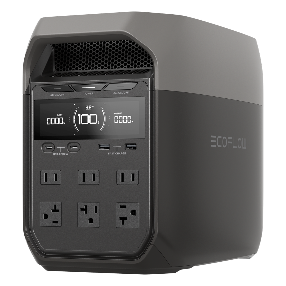[EFD3] Estación de Energía Portátil Delta 3 1024Wh Litio LFP / 6 AC 1800 W (Max. 2200W) / 2 USB-C 100W / Capacidad para Aumentar Respaldo / Cargador de Coche 10A a 12.6V / Conectividad WiFi y Bluetooth (App) / Carga Solar 500W Max. - ECOFLOW EFD3