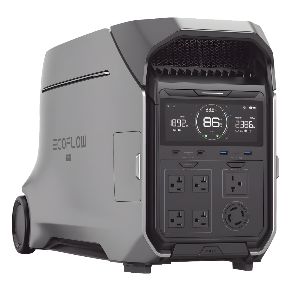 [EFD521] Estación de Energía Portátil DELTA PRO3 / 4096Wh Litio LFP / 5 AC 4000W (8000W Pico) / 2 USB-C 100W / Capacidad para Aumentar Respaldo / Cargador de Coche 10A a 12.6V / Conectividad WiFi y Bluetooth (App) / Carga Solar 2600W Max. (2 P - ECOFLOW EFD521