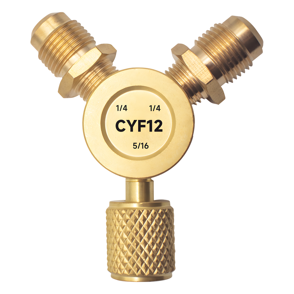 [CYF-12] Conector Y CYF12 para Sistemas de Refrigeración / 2 Entradas 1/4" Macho Flare / 1 Salida 5/16" Hembra Flare / Recuperación Rápida y Evacuación / Material Metálico Resistente - EPCOM CYF-12
