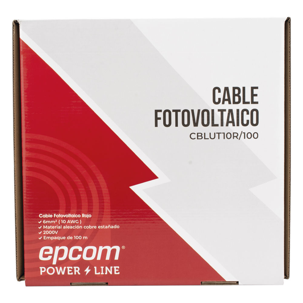 Cable Fotovoltaico Rojo / Cobre Estañado / 6 mmÂ² (10 AWG) / 2000V / Rollo 100m / UL 4703 y TUV - EPCOM POWERLINE CBL-UT-10R-100