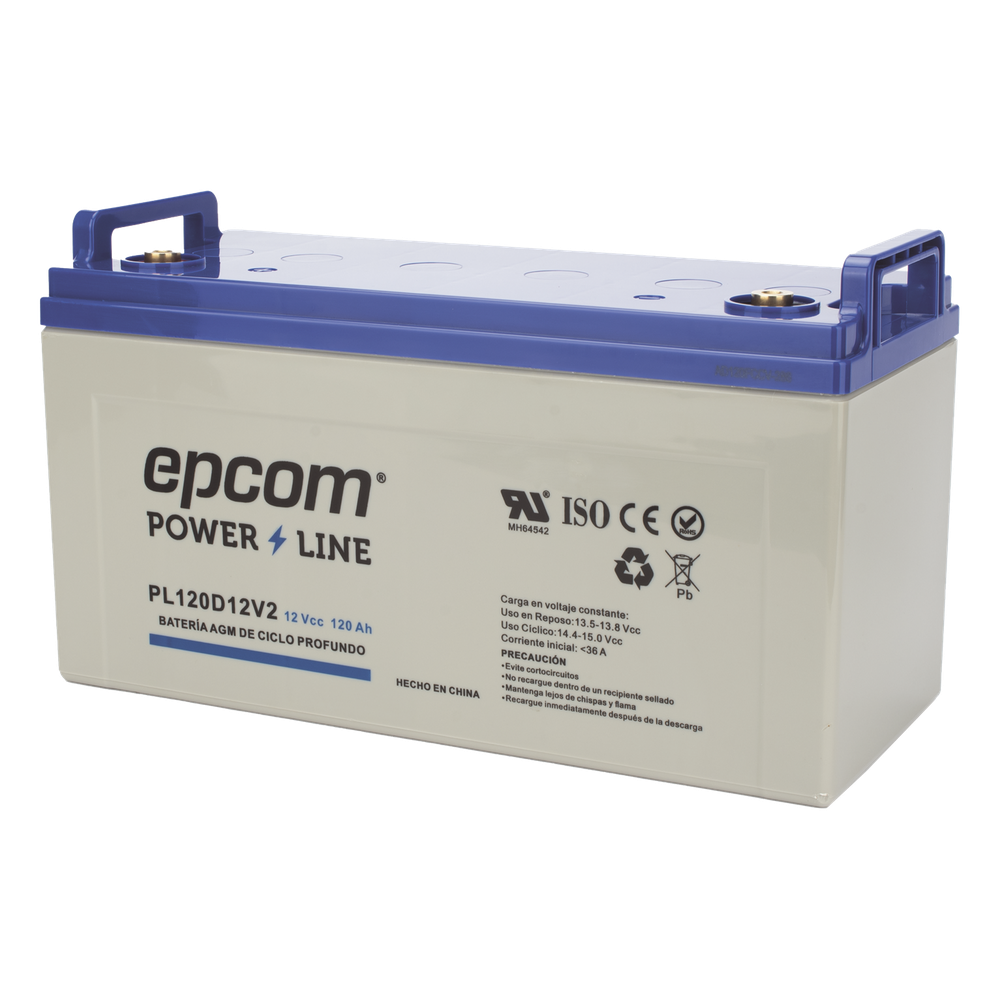 Batería 12 Vcc / 120 Ah / UL / Tecnología AGM-VRLA / CICLO PROFUNDO / Para uso en aplicaciones fotovoltaicas y de emergencia / Terminales T4 - EPCOM POWERLINE PL120D12V2