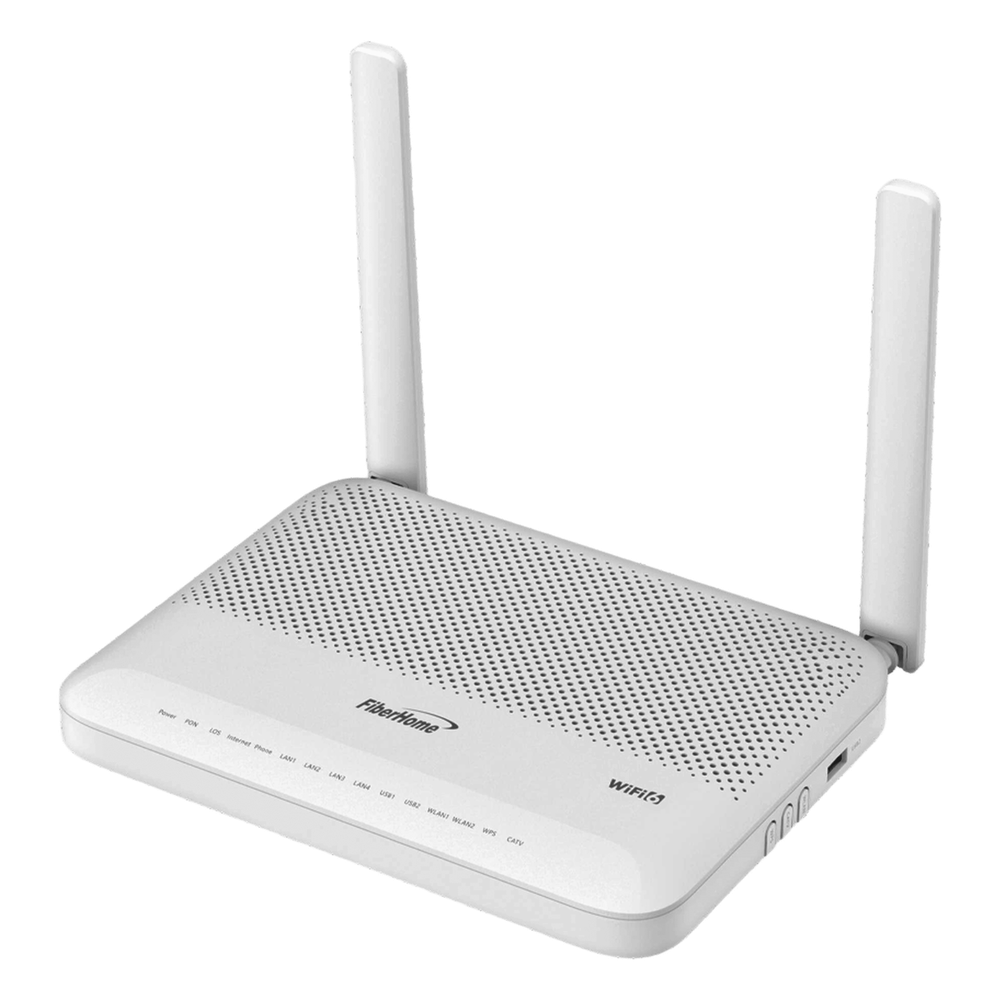 [HG6144F] ONU GPON WiFi 6, Doble Banda (2.4/5 GHz), 2 Antenas de 5 dBi, Compatible con OLT de Terceros, 4 puertos Gigabit Ethernet + 1 POTS + 1 USB + 1 CATV (RF), conector SC/APC,(Gestión WAN desde la Interfaz de la ONU) - FIBERHOME HG6144F