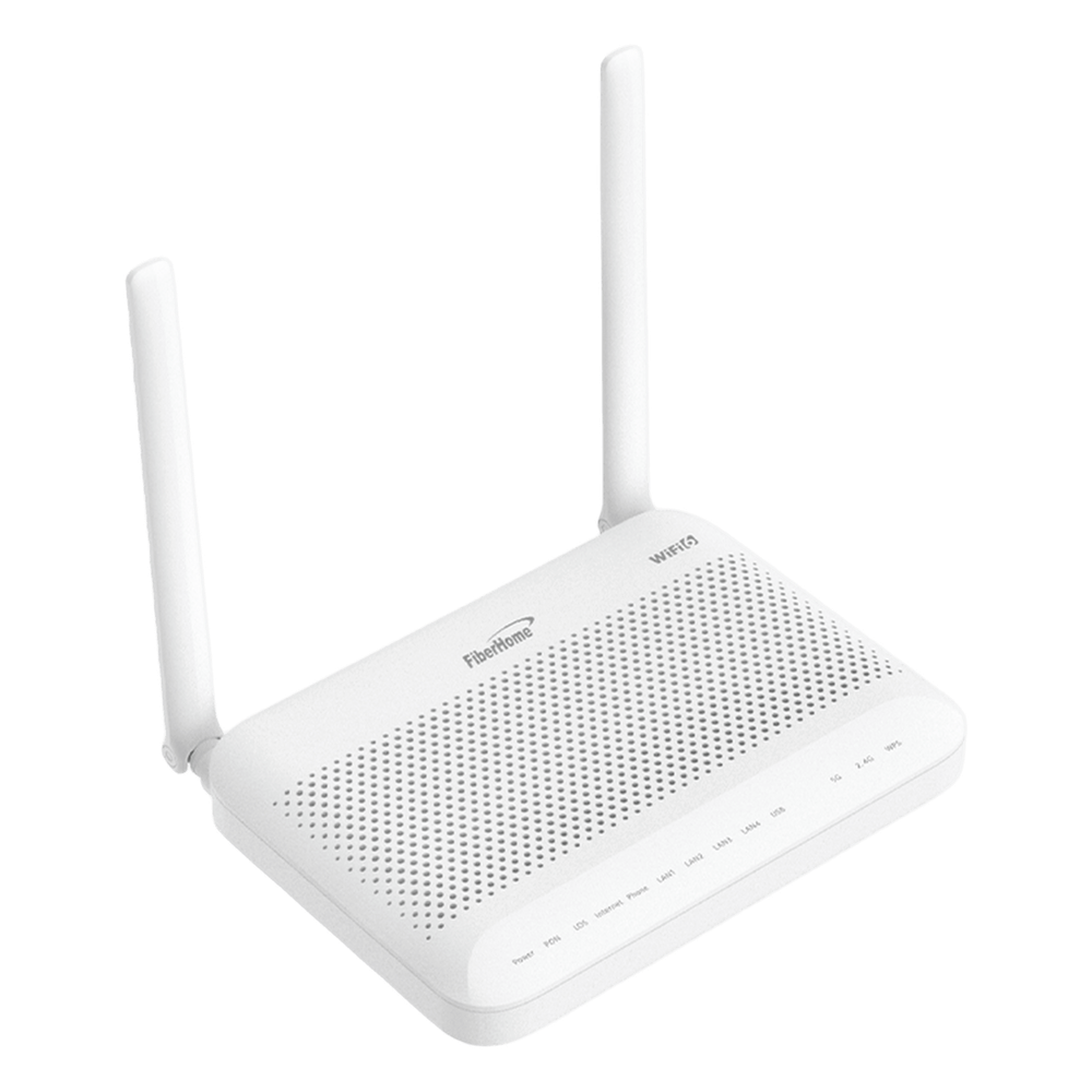 ONU GPON WiFi (2.4/5 GHz), 2 antenas de 5 dBi, Compatible con OLT de Terceros, MIMO 2x2, 4 puertos Gigabit + 1 POTS + USB, conector SC/UPC (Gestión WAN desde la Interfaz de la ONU) - FIBERHOME HG6543D