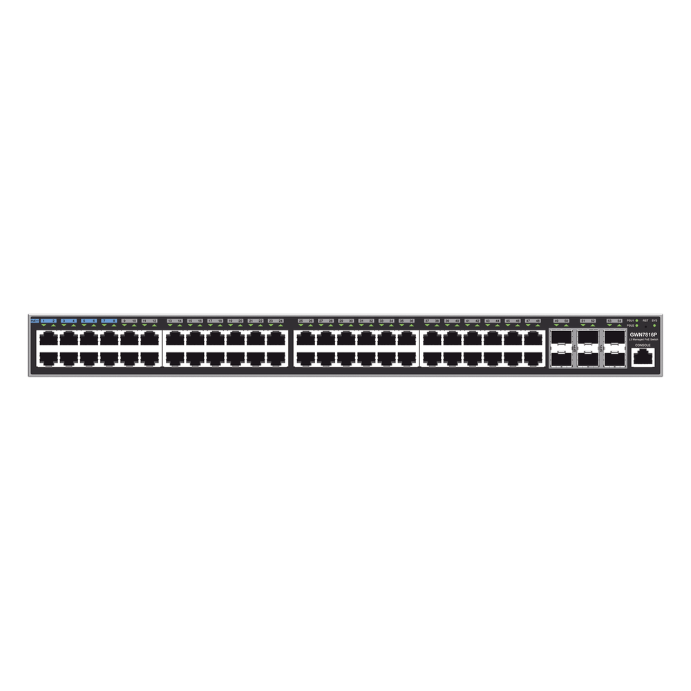 Switch Capa 3 PoE+ Administrable / 48 puertos 10/100/1000 Mbps + 6 Puertos SFP+ de 10 Gigabits / Hasta 740W / Compatible con GWN Cloud. - GRANDSTREAM GWN7816P