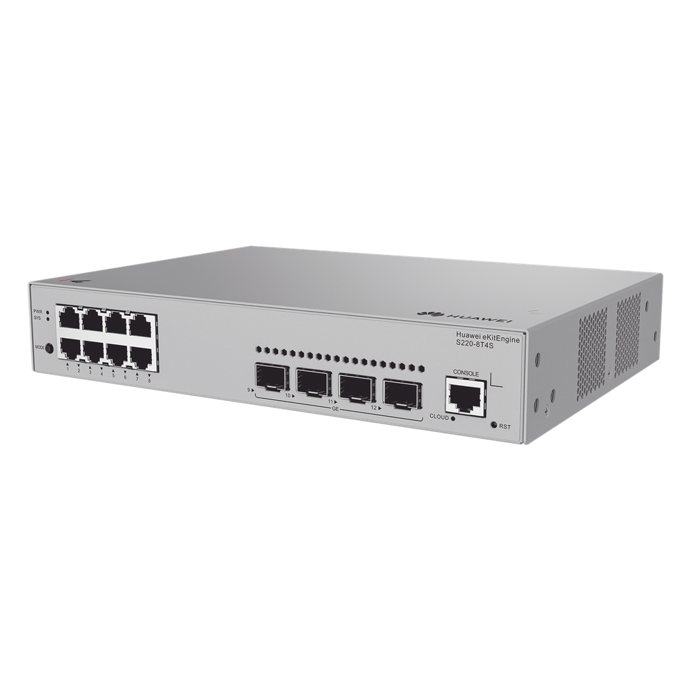Switch de Acceso eKit Administrable Capa 2 / 8 Puertos Gigabit / 4 Puertos SFP / 1 Puerto de Consola / Gestión Gratuita desde la Nube / Libre de Licenciamiento - HUAWEI S220-8T4S