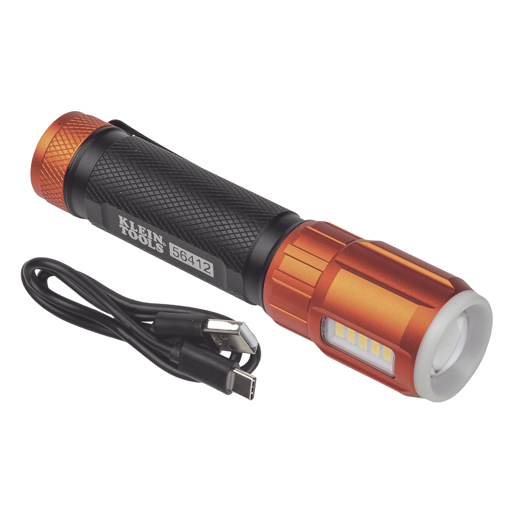 [56412] Linterna LED Portátil Recargable 500 Lúmenes con Luz Frontal y Lateral de Trabajo. Lámpara con tapa de Extremo con Imán, USB-C - KLEIN TOOLS 56412