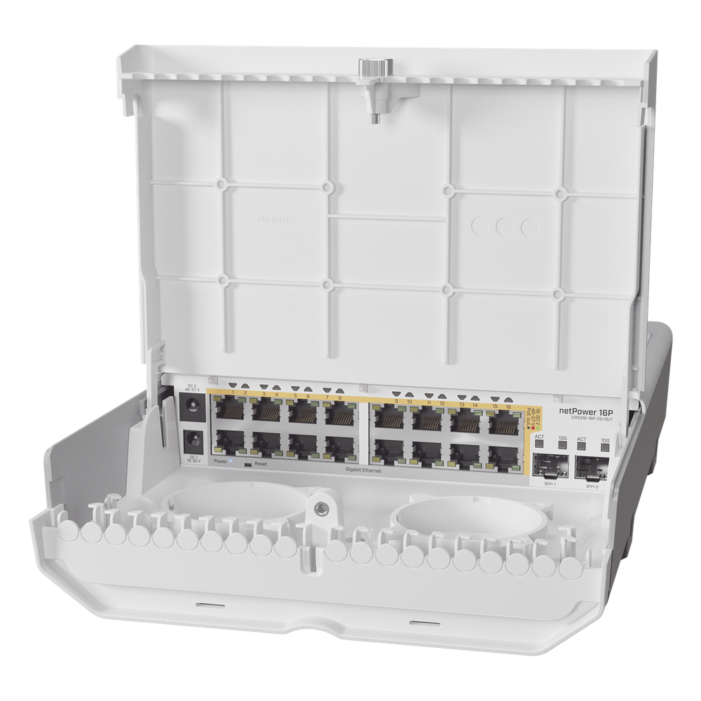 [CRS318-16P-2S+OUT] (netPower 16P) Switch administrable Sistema Operativo Dual, 16 puertos c/PoE, 2 puertos 10G SFP+ para Exterior - MIKROTIK CRS318-16P-2S+OUT
