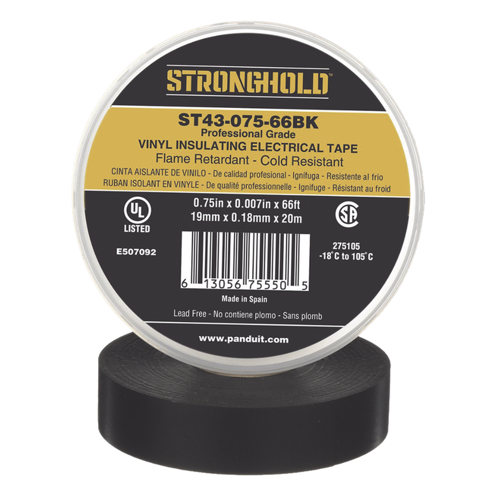 [ST43-075-66BK] Cinta Eléctrica STRONGHOLD para Aislar, de PVC, Uso Profesional en Construcción Eléctrica, Grosor 0.18mm (7 mil), Ancho 19mm, y 20m Largo, Color Negro. - PANDUIT ST43-075-66BK